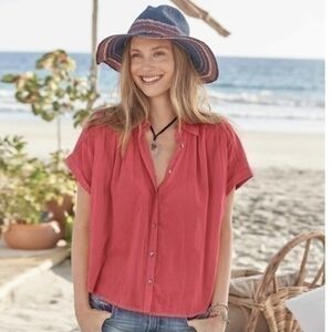 SUNDANCE I Berry Red Button Down Short Sleeve Tensift Blouse Shirt Top, S